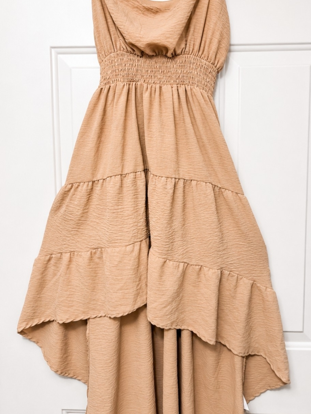 High-Low Tiered Dress in Camel with Smocked Waist